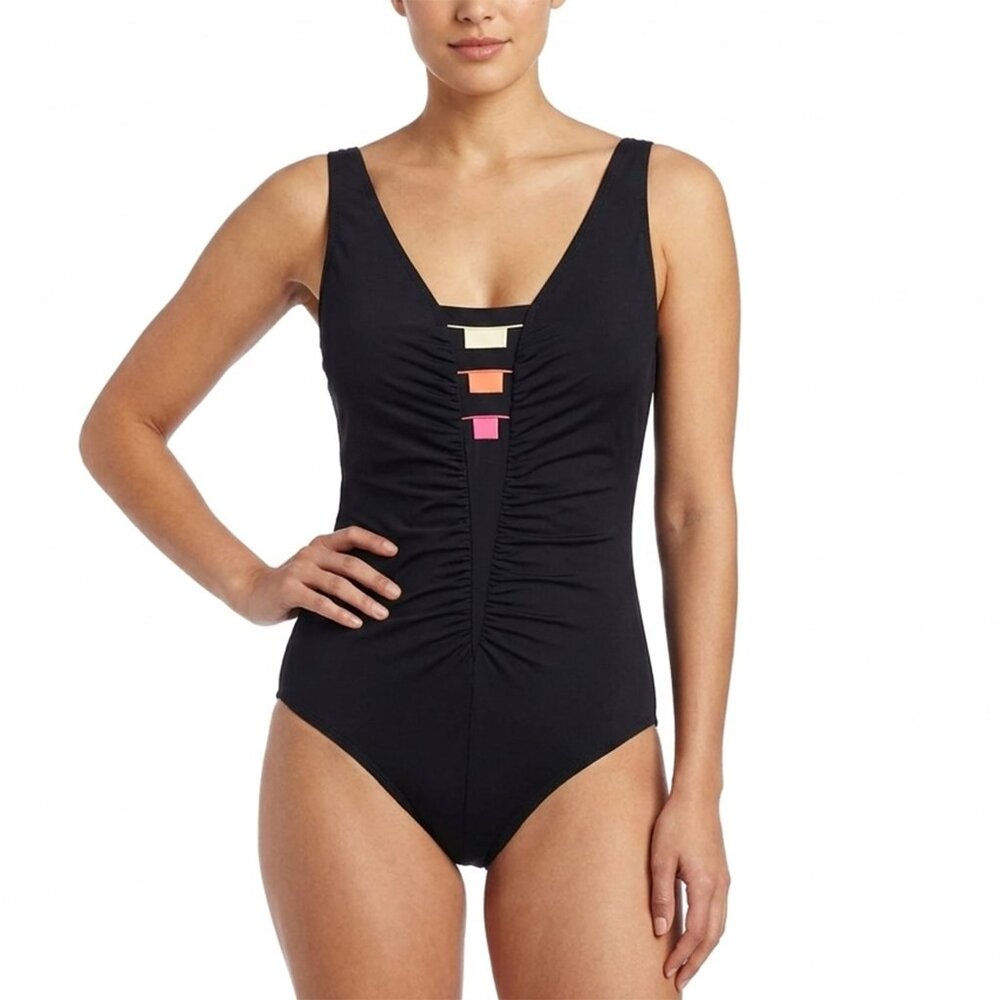 Charmline Germany One-Piece Black Swimsuit US 10 C Cup Ruched V-Neck Shelf Bra